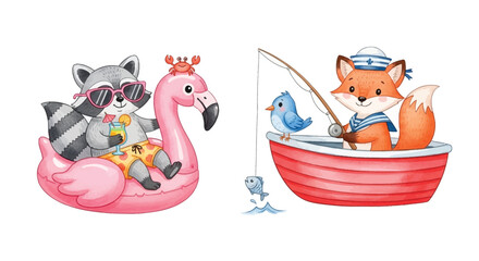 Cute animals enjoying summer raccoon flamingo fox and birds at sea © SHANTI