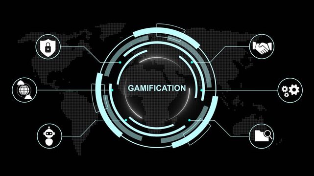 Central circular hub labeled Gamification connected by lines to surrounding hexagonal representing data analysis security and teamwork