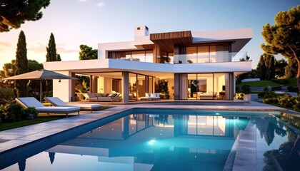 Fototapeta premium Modern, luxurious villa with pool and surrounding lush greenery under a warm, sunny sky