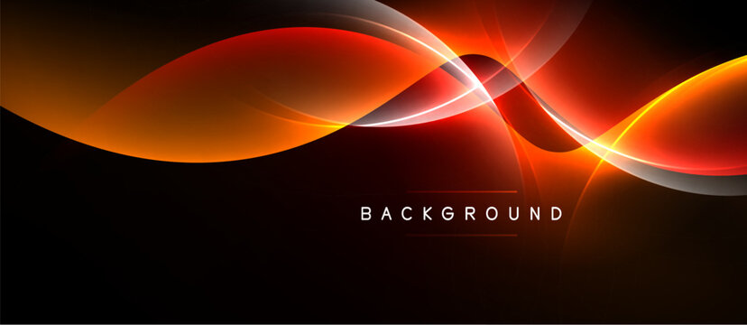 Abstract design features vibrant orange, red curves against black backdrop. Dynamic lines create flowing, modern visual impact.