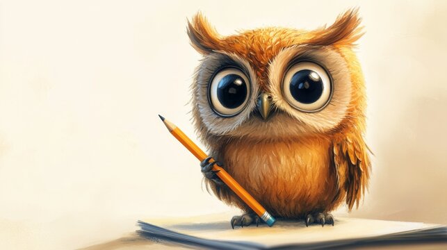 Cute cartoon owl character holding a pencil while sitting on a stack of papers, with large expressive eyes and fluffy feathers in a light background. Back to school