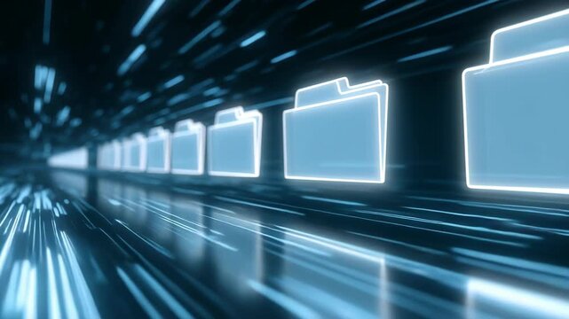Digital file folders in a futuristic, technology-driven world. The folders are aligned in a row, with data streams visible in the background