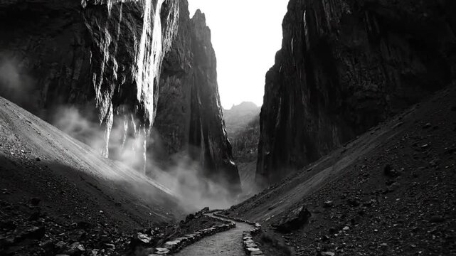 Black and white view of a winding stone path through a narrow canyon between massive cliffs with waterfalls and atmospheric mist