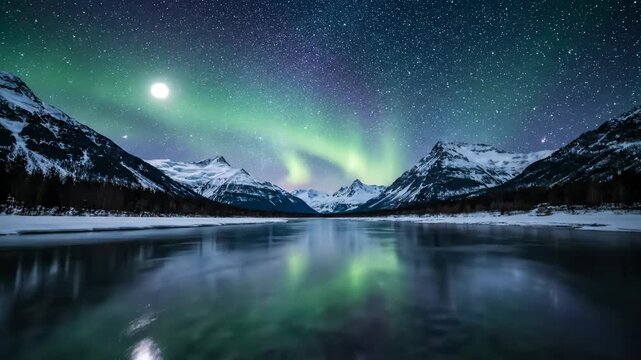Northern Lights Aurora Borealis Over Snowy Mountain Landscape with Starry Sky and Frozen Lake Reflection Night Scene