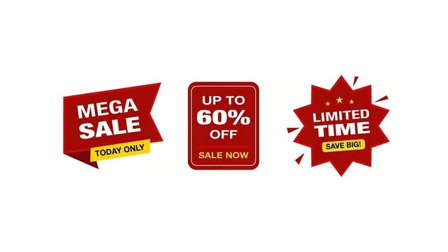 Mega Sale Animated Badges &ndash; Limited Time Promo, Up to 60% Off Discount Tags. High-quality animated sale badges featuring bold red promotional labels such as Mega Sale, Limited Time, and Up to 60% Off.