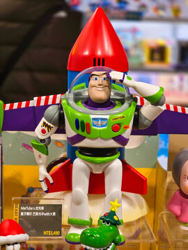 Taiwan, Taipei City, March 29, 2026: Detailed Buzz Lightyear action figure from Pixar movie standing in iconic space ranger suit.