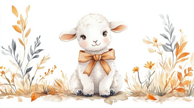 Cute watercolor illustration of a fluffy white lamb with a brown bow sitting among autumn foliage and flowers in soft pastel colors