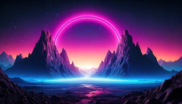 네온 핑크색의 거대한 이중 원형 고리가 밤하늘에 떠 있고 푸른 빛이 감도는 계곡과 험준한 산맥이 조화를 이루는 몽환적이고 화려한 80년대 복고풍 스타일의 신스웨이브 디지털 아트 배경입니다.