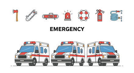 Fototapeta premium Set of emergency services icons including ambulances and various rescue tools like a fire extinguisher and life ring.
