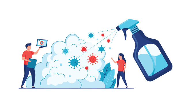 Tiny people collaborating with a giant spray bottle to effectively eliminate floating virus cells and germs during cleaning.