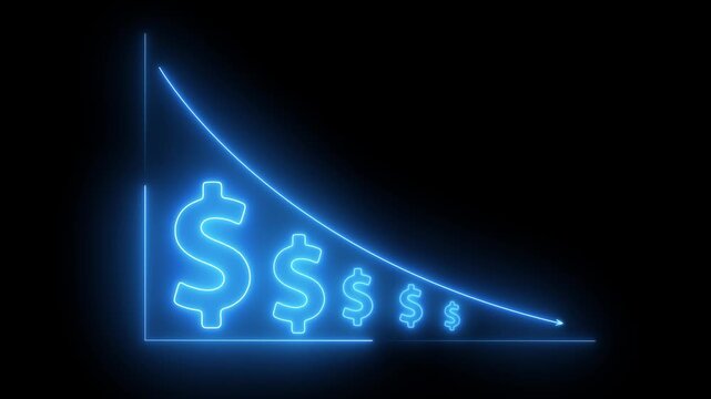 Financial decline concept with falling dollar sign graph in neon glow style economic downturn falling graph
