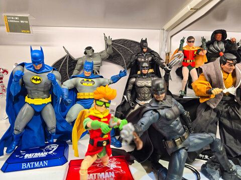 Taiwan, Taipei City, March 29, 2026 &ndash; Marvel Style Batman and Robin Figure Models Display Collectible Action Figures