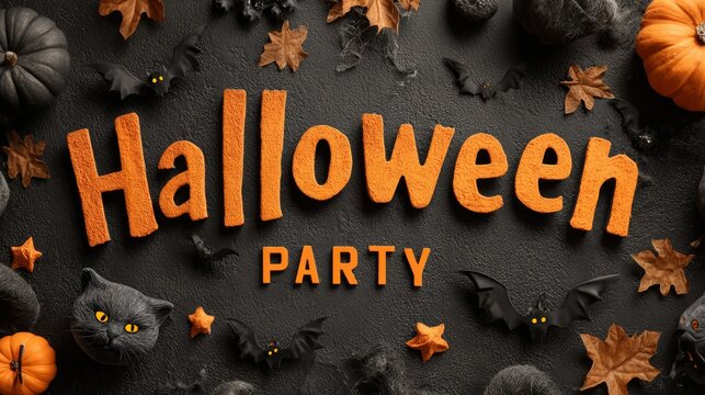 Halloween party decorations featuring orange text, black bats, pumpkins, and a black cat on a dark textured background with autumn leaves and cobwebs