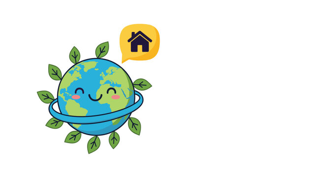 Cartoon earth character with a happy face thinking about a home icon to promote environmental awareness and safety.