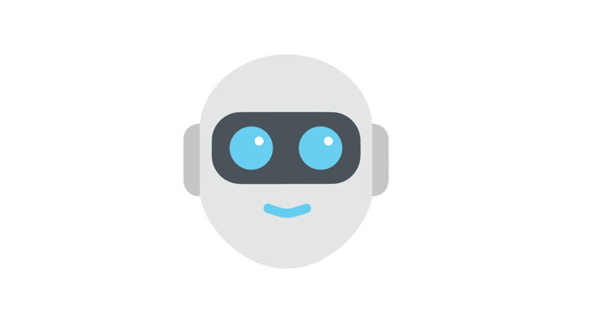 A simple robot head with a smiling face and blue eyes on a clean white background with flat design.