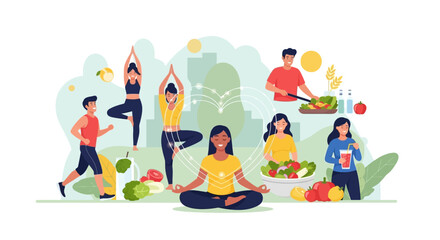 Fototapeta premium Healthy Lifestyle: Yoga, Running, Cooking, and Healthy Food Collage