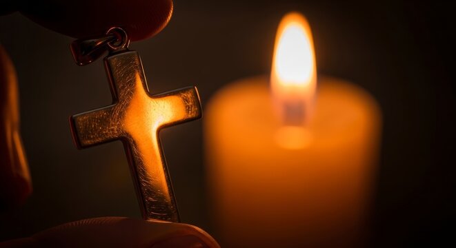 Candlelight and cross in darkness symbol.