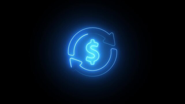 Neon glowing dollar symbol with rotating cyclic arrows abstract animation financial concept digital money transfer recurring business transactions technology innovation