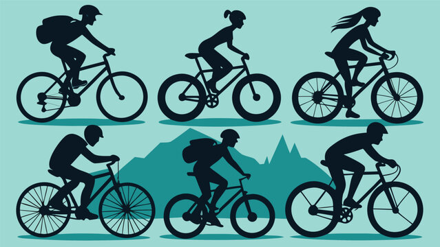 Bicyclists in different poses riding in front of mountain scenery during a sunny day