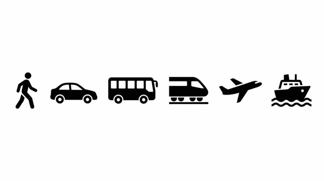 Transportation Icons &ndash; Walking, Car, Bus, Train, Airplane, Ship, Travel Methods, Mobility, Commute, Global Transport, Vector Graphics
