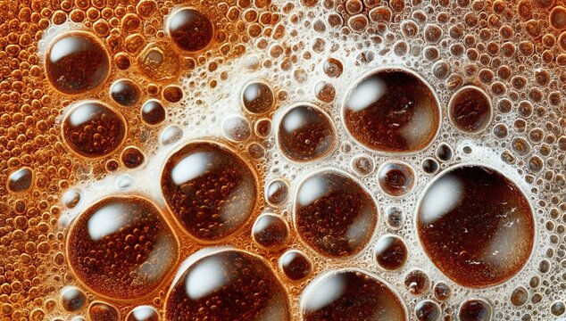Close-up image of dark coffee bubbles with light reflections on the surface, showcasing rich texture and foam detail.