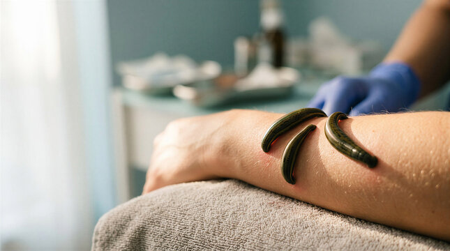 Therapist applying leeches for treatment on patient's arm, with space for text    