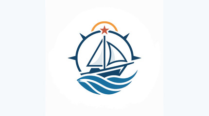 Naklejka premium Sailing Boat with Compass Rose Emblem