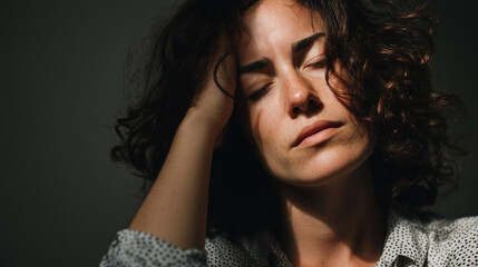 Fototapeta premium A tired woman with her eyes closed, clutching her head. Burnout, fatigue, headache, emotional stress, mental health, mental resilience. Portrait in natural light. 