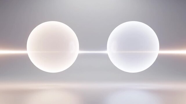 Two translucent spheres gradually change in appearance and brightness, connected by a glowing line, set against a soft gradient background in a minimalistic environment