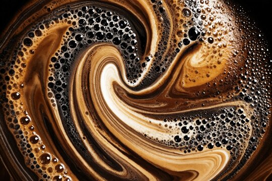 Swirling patterns of coffee crema and bubbles create a mesmerizing abstract design in a dark, rich brew.