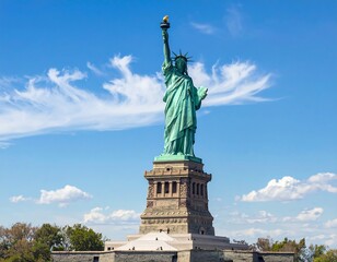 Fototapeta premium A copper statue of a woman holding a torch on a stone pedestal (1)