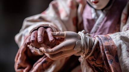 Obraz premium Close-up of traditional japanese puppet art showing detailed hands and kimono. Culture Day