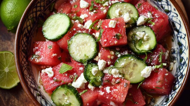 Fresh watermelon and cucumber salad with feta and mint in bowl