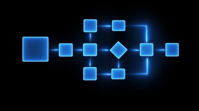 Modern digital flowchart animation with glowing blue neon squares and diamond shapes connected by lines representing technology business process and data flow