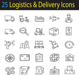 Fototapeta premium Minimal Thin Line Logistics and Delivery Icons Set: Shipping Truck, Package Tracking, Global Distribution, and Courier Service Outlines on White Background 