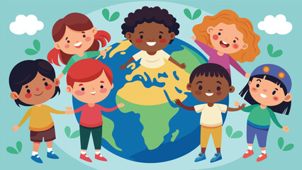 Obraz premium Children gather around the globe in a colorful drawing showing unity and friendship among diverse kids in a cheerful scene