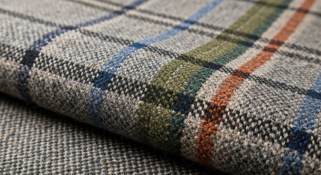 Close-up of a textured plaid fabric with warm tones