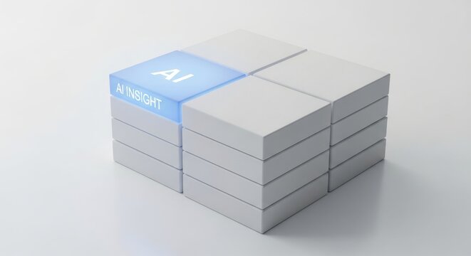Conceptual 3D render of data blocks featuring a glowing blue tile for machine learning insights