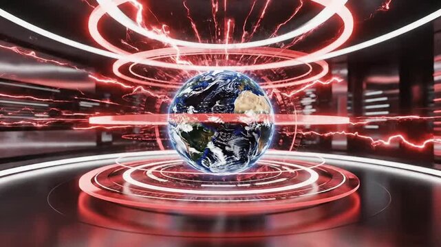 Breaking news world globe in futuristic red studio background