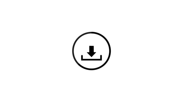 Black and white minimalist download with circular frame and arrow pointing downwards representing computer downloading process or file transfer concept for web and mobile app