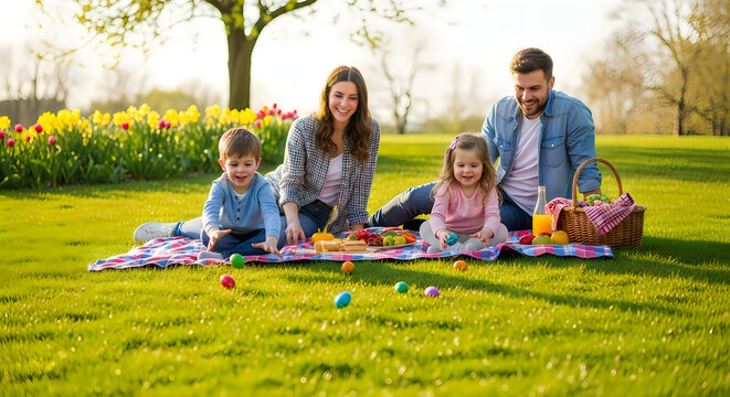 Happy family having Easter picnic in sunny park, parents and children playing with colorful eggs on green grass, spring holiday celebration