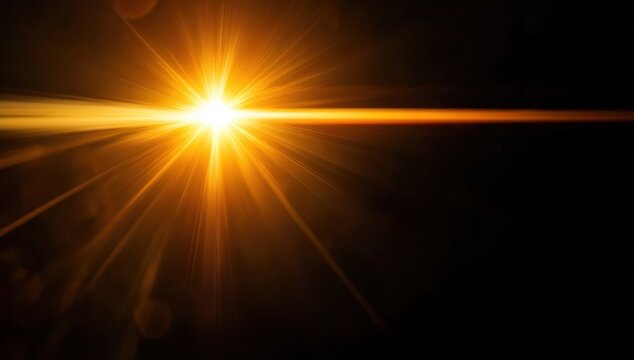 Bright golden light with a starburst effect shining against a dark background, creating radiant beams and a glowing horizontal flare.