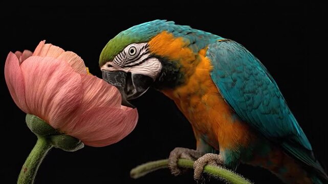 A colorful parrot with vibrant plumage gently interacts with a delicate pink flower on a dark background