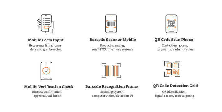 Icons for qr code scanner icons set, barcode scanning mobile UI, digital verification icons, contactless payment scan, data capture interface, POS scanning system. Editable Stroke.