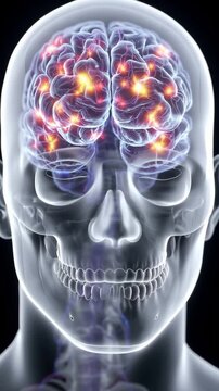 Intricate Brain Anatomy: A detailed, transparent view of the human brain, showcasing its complex structure and neural activity, evoking wonder and fascination about the body's control center.