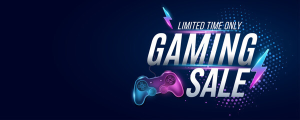 Gaming sale banner design. Shopping poster or cover with flash icon and blue and purple 3d gamepad with moving laser beams effect on dark background. Vector illustration. © sersupervector