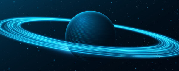 Blue 3D planet Saturn with swirling glowing rings around in deep space. Minimalistic cosmic, vibe. Concept related to astronomy, astrophysics, and abstract universe visuals. Vector illustration. © sersupervector