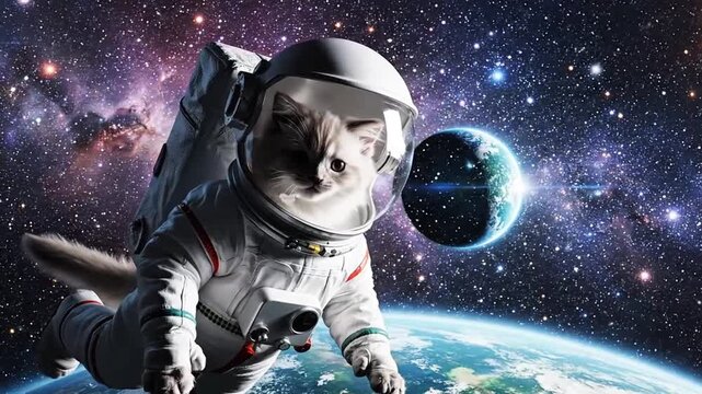 Cat astronaut exploring space with planets and cosmic background