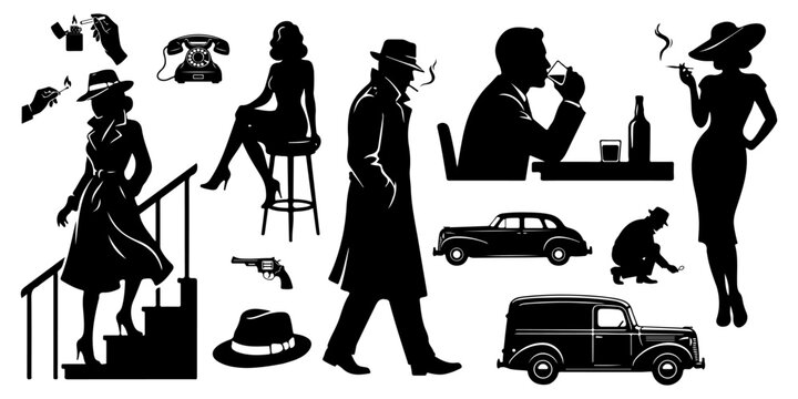 Film noir detective and mystery silhouettes set. Vector collection of private investigator, femme fatale, classic cars, and crime icons isolated