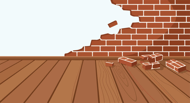 Abstract illustration of a damaged brick wall with loose bricks on a wooden floor